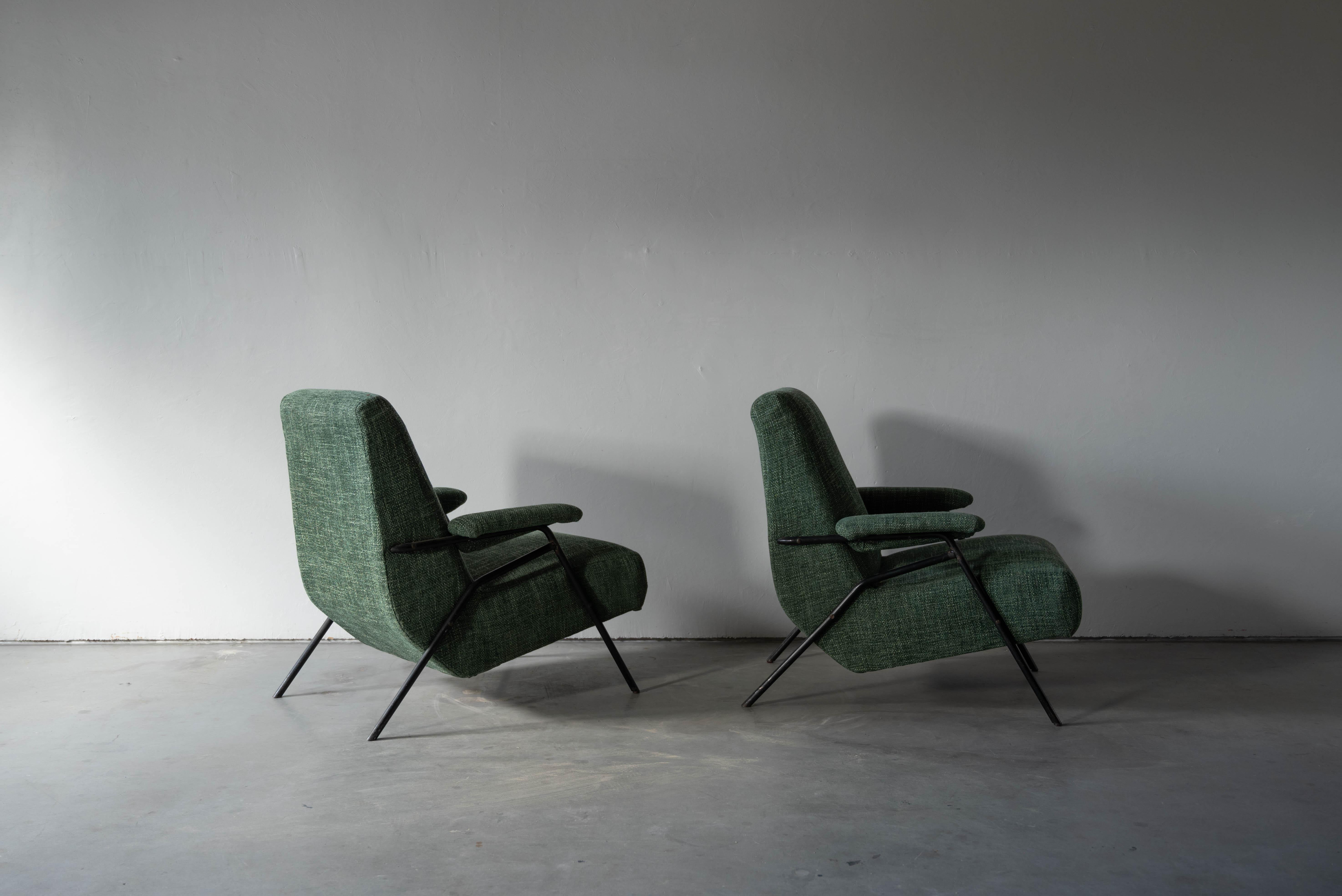 Italian Designer, Lounge Chairs, Metal, Green Fabric Italy, 1940s 2