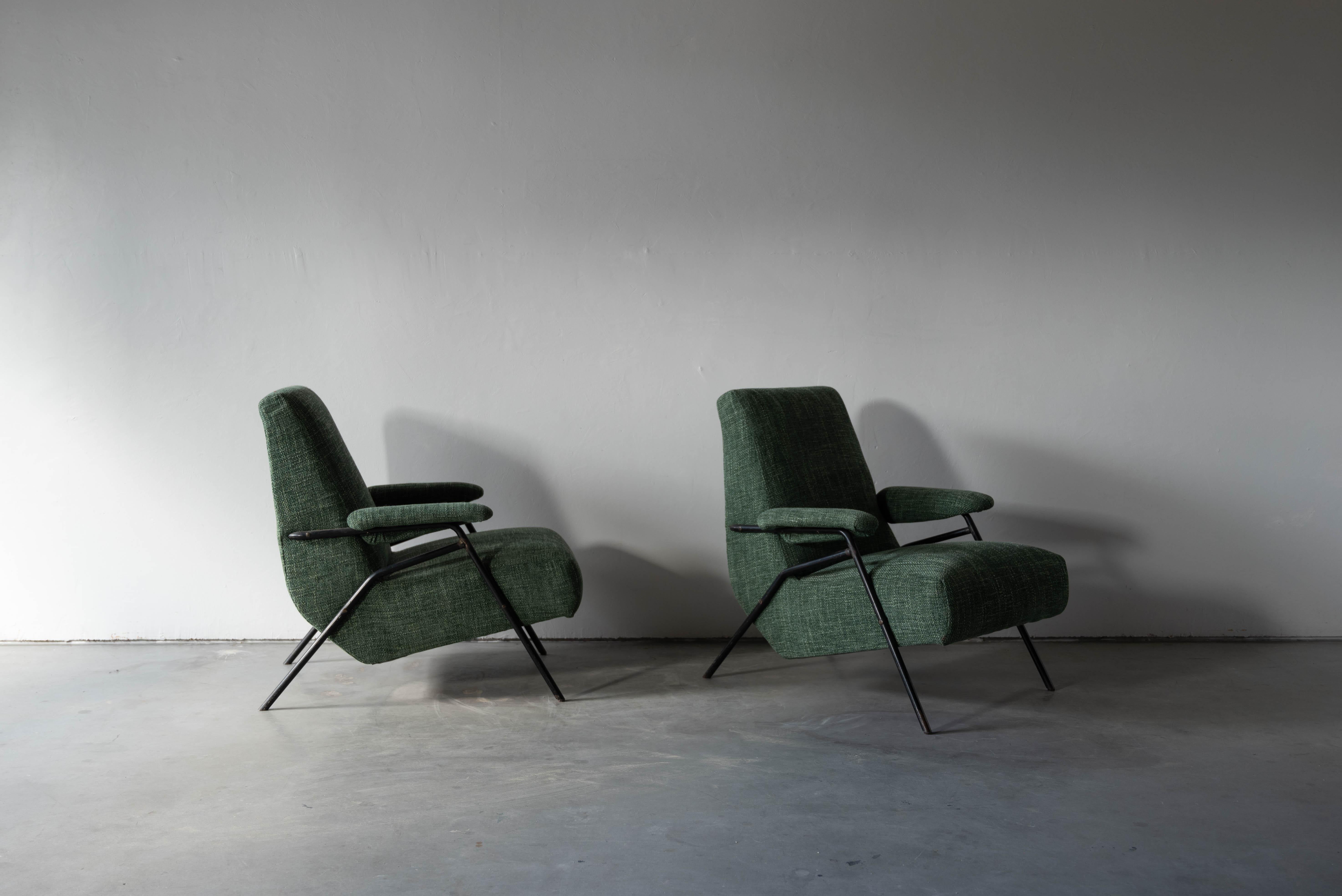 Italian Designer, Lounge Chairs, Metal, Green Fabric Italy, 1940s 3