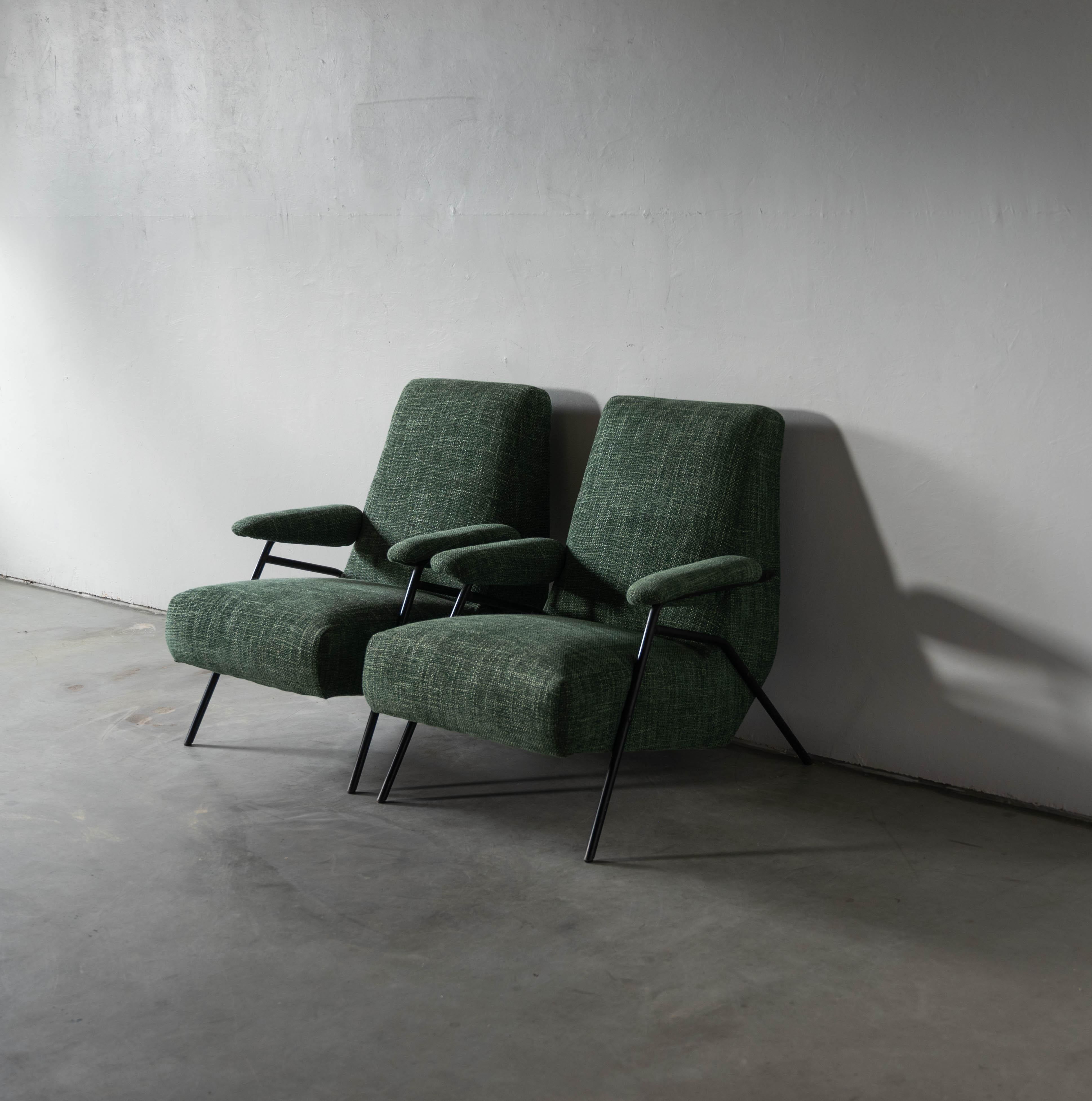 Italian Designer, Lounge Chairs, Metal, Green Fabric Italy, 1940s 4