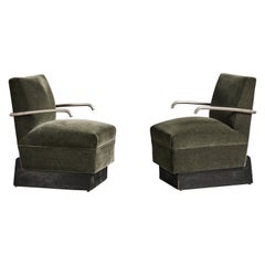 Italian Designer, Lounge Chairs, Metal, Mohair, Wood, Italy, 1930s