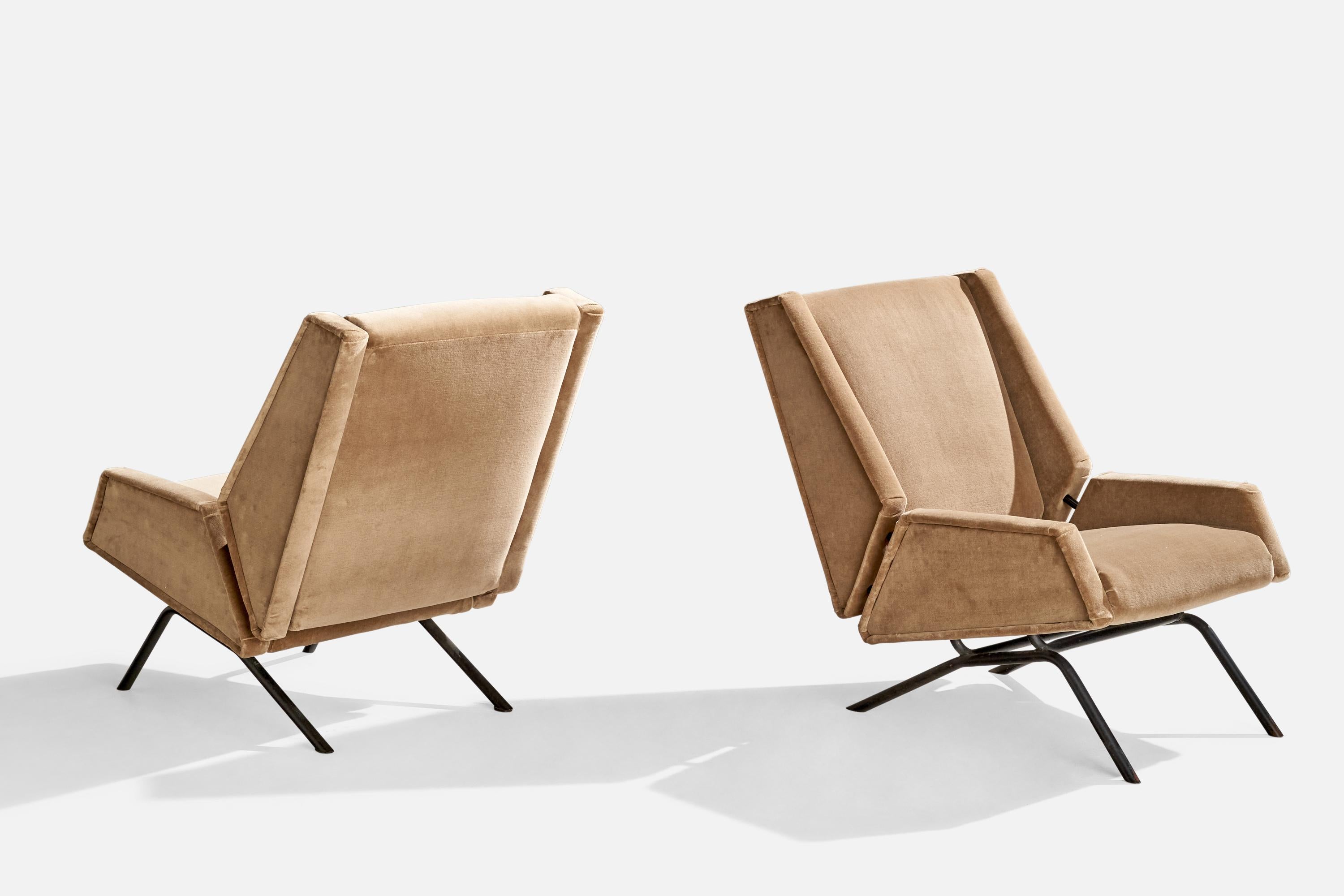 Mid-Century Modern Italian Designer, Lounge Chairs, Metal, Velvet, Italy, 1950s For Sale