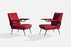 Italian Designer, Lounge Chairs, Metal, Vinyl, Brass, Italy, 1960s