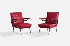 Italian Designer, Lounge Chairs, Metal, Vinyl, Brass, Italy, 1960s