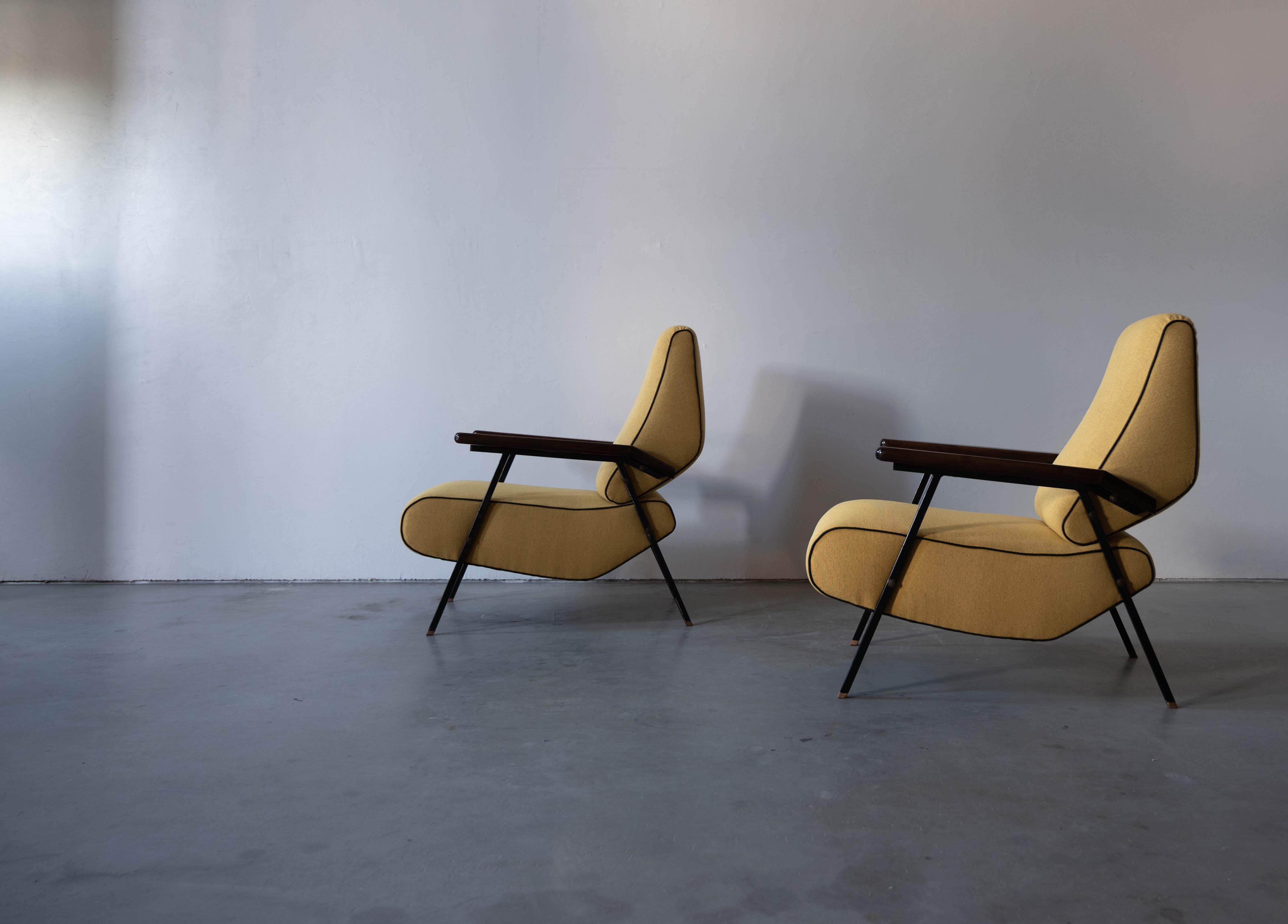 Mid-20th Century Italian Designer, Lounge Chairs, Metal, Wood, Fabric Italy, 1940s