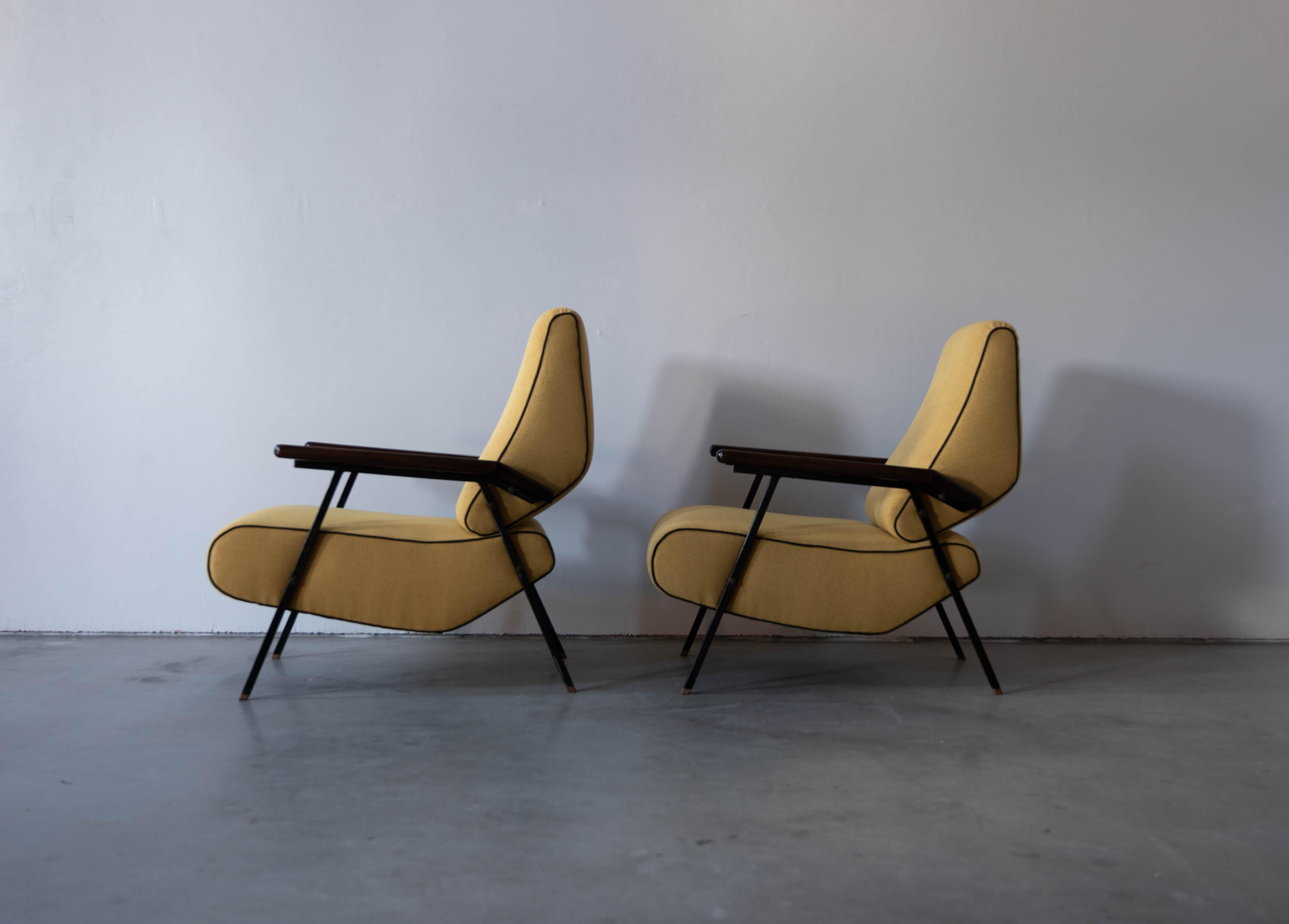 Italian Designer, Lounge Chairs, Metal, Wood, Fabric Italy, 1940s 1