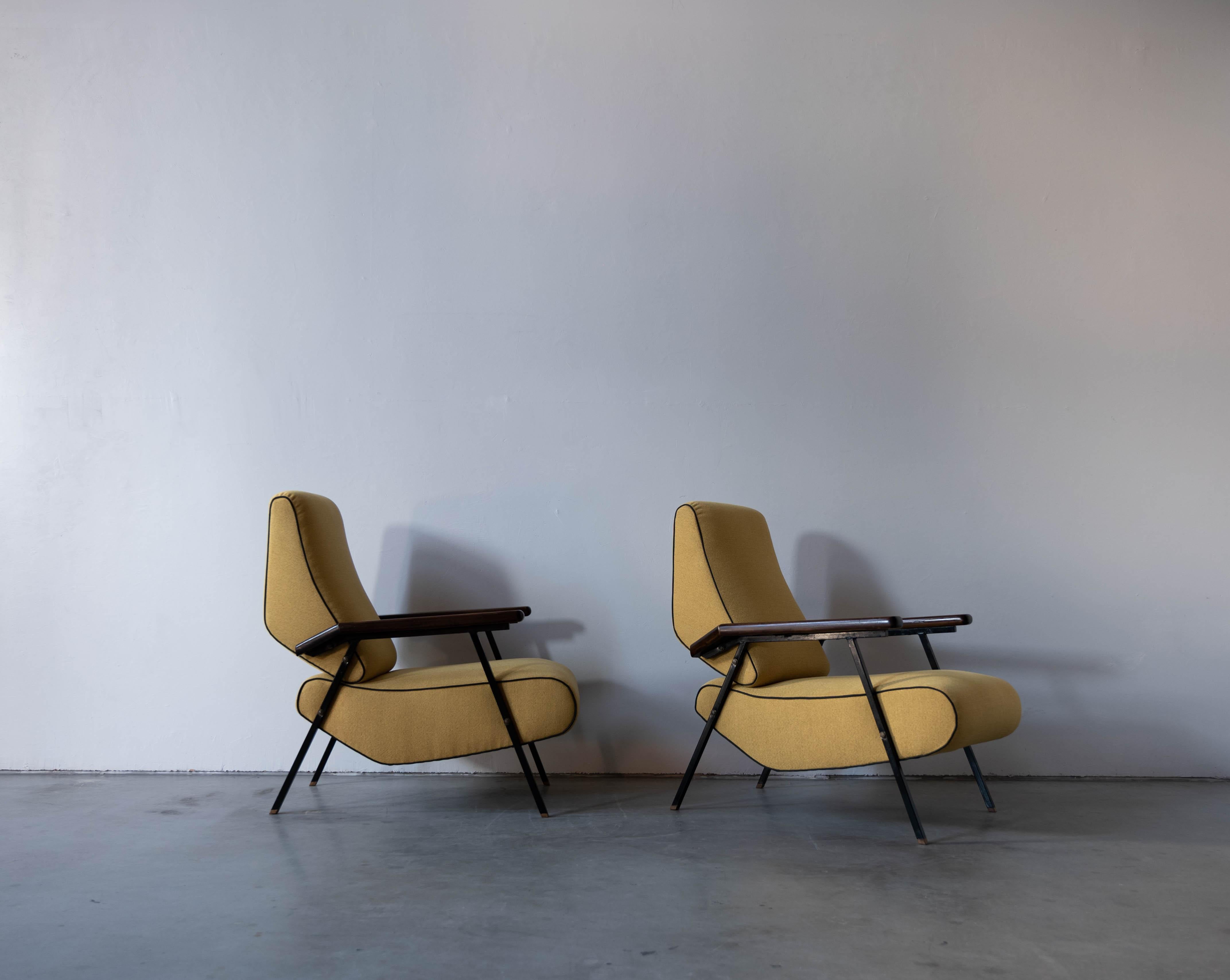 Italian Designer, Lounge Chairs, Metal, Wood, Fabric Italy, 1940s 3
