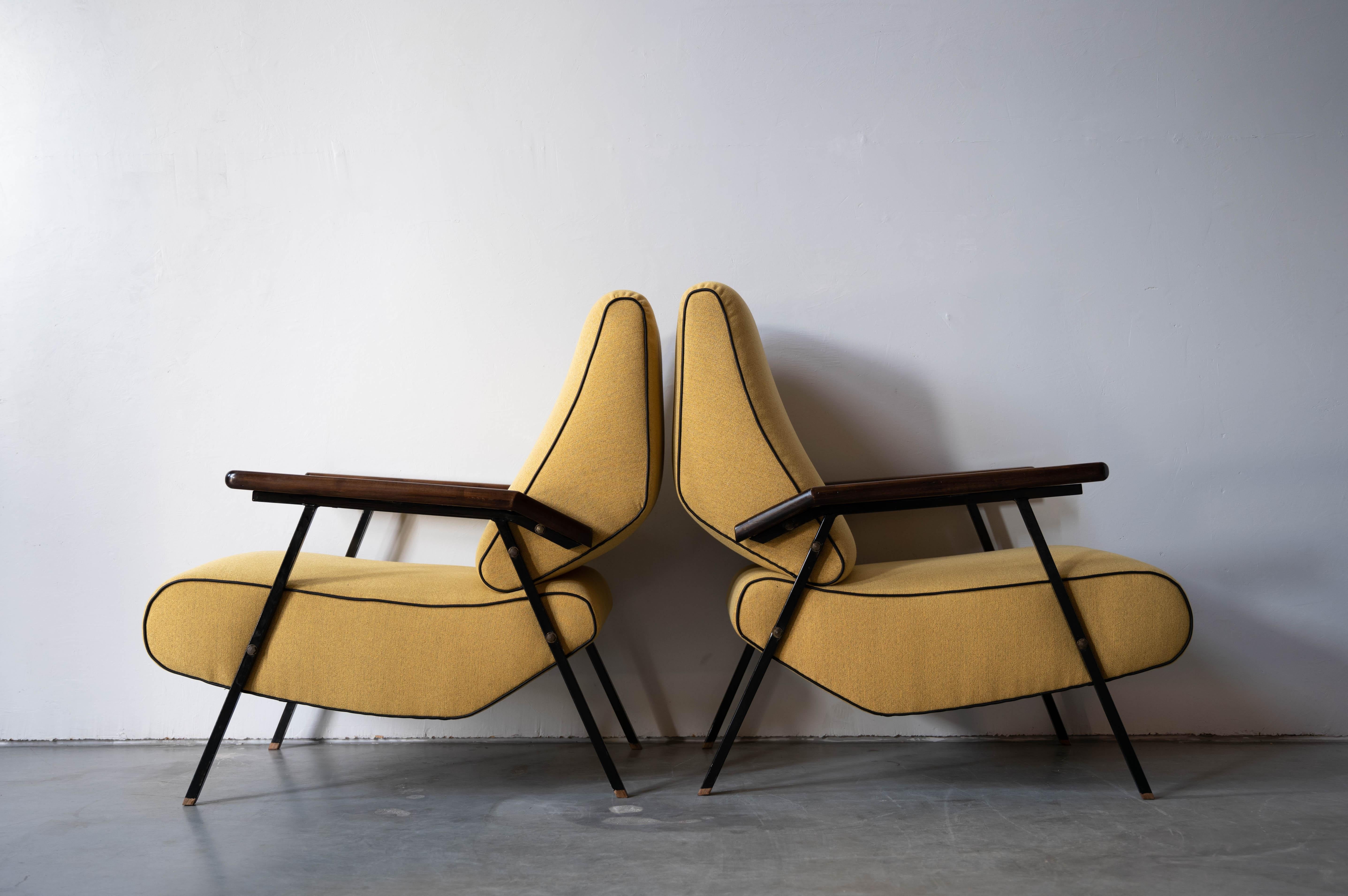 Italian Designer, Lounge Chairs, Metal, Wood, Fabric Italy, 1940s 4