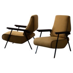 Vintage Italian Designer, Lounge Chairs, Metal, Wood, Fabric Italy, 1940s
