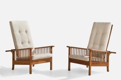 Italienischer Designer, Lounge-Stühle, Eiche, Messing, Stoff, Italien, 1940er Jahre