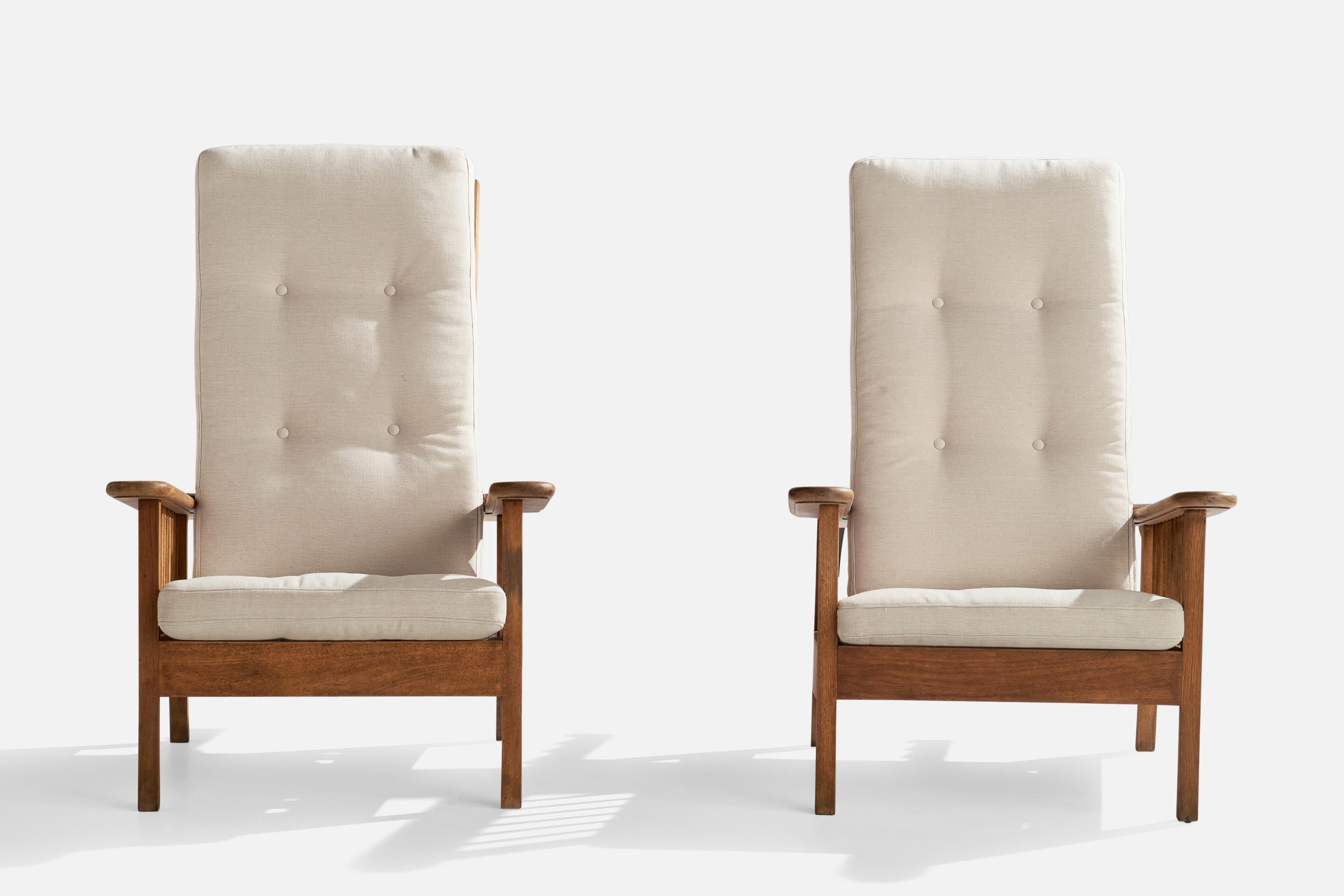 Mid-20th Century Italian Designer, Lounge Chairs, Oak, Brass, Fabric, Italy, 1940s For Sale
