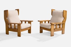 Italian Designer, Lounge Chairs, Oak, Fabric, Italy, 1970s