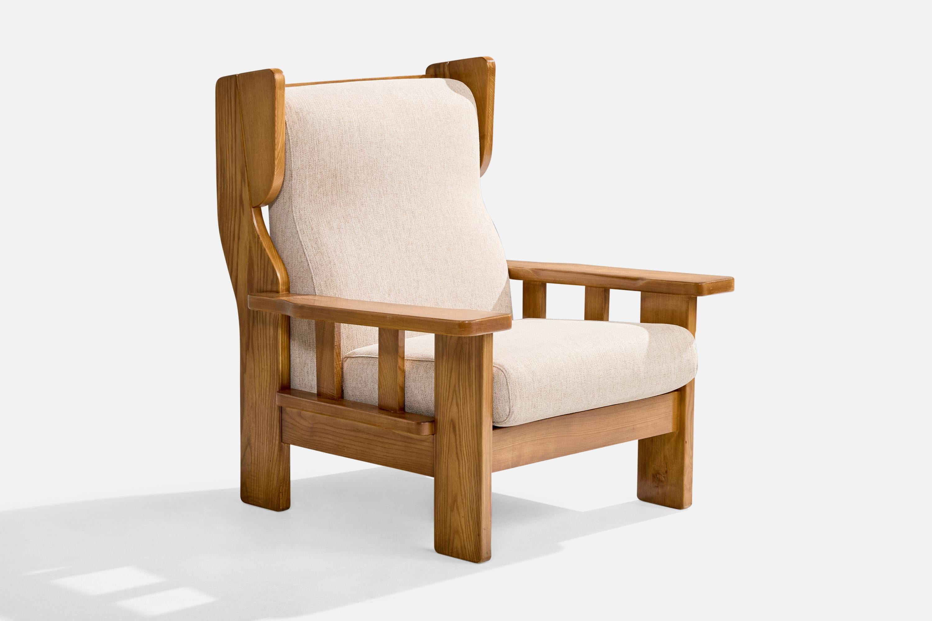Italienische Designerin, Loungesessel, Eiche, Stoff, Italien, 1970er Jahre (Ende des 20. Jahrhunderts) im Angebot