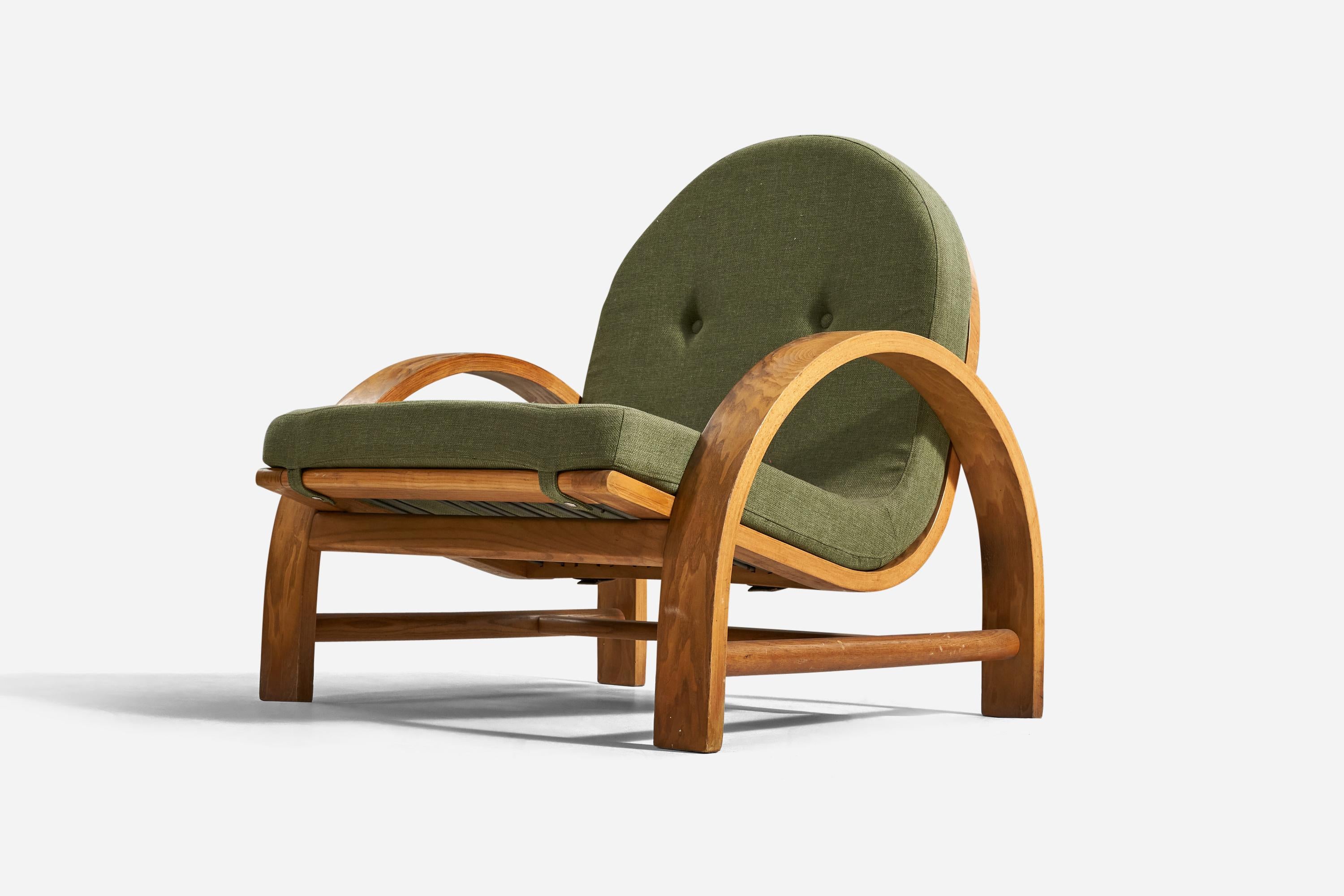 Italian Designer, Lounge Chairs, Oak, Green Fabric, Italy, 1940s 1