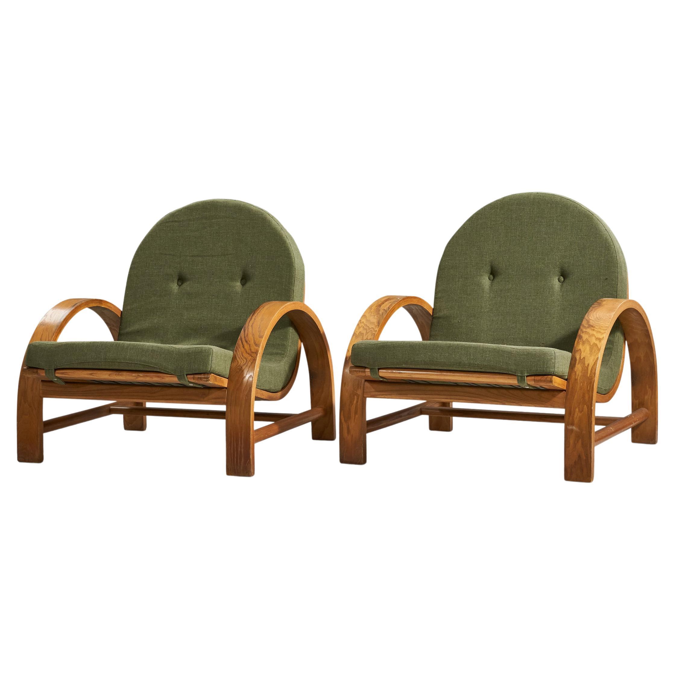 Italian Designer, Lounge Chairs, Oak, Green Fabric, Italy, 1940s