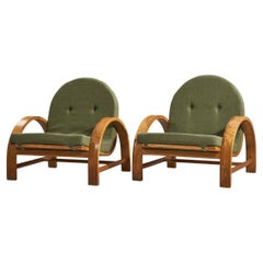 Italian Designer, Lounge Chairs, Oak, Green Fabric, Italy, 1940s