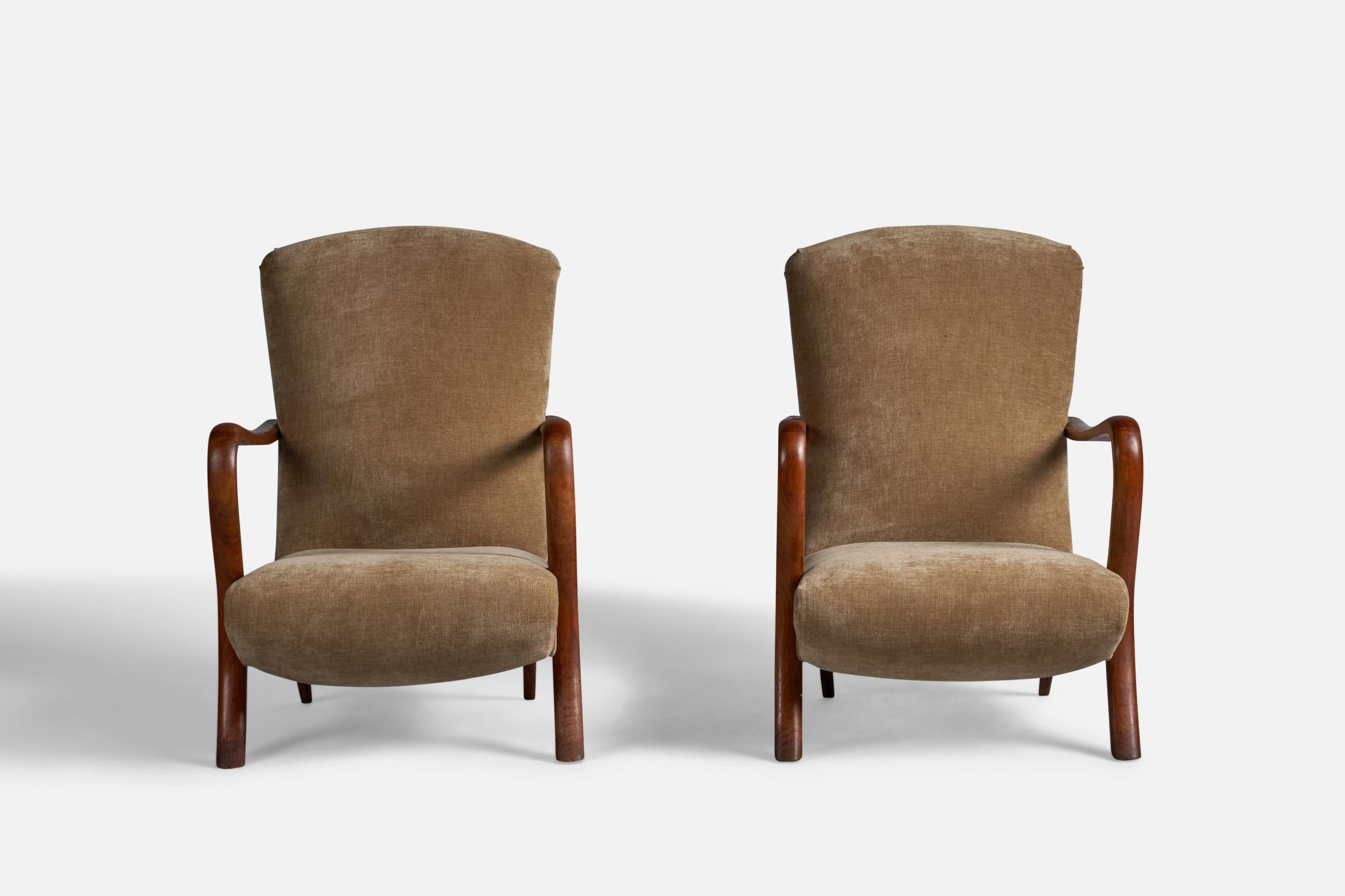 Organic Modern Italian Designer, Lounge Chairs, Oak, Velvet, Italy, 1940s For Sale