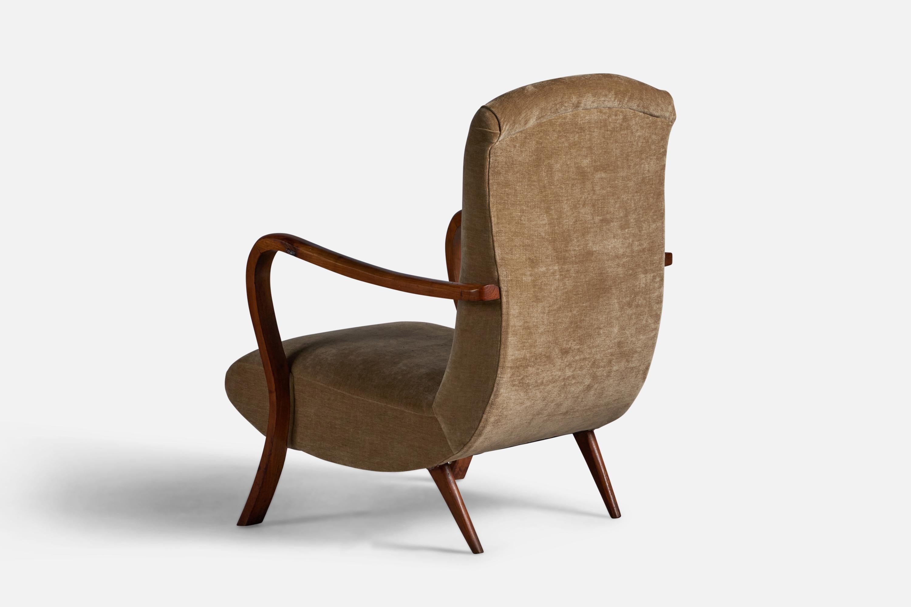 Mid-20th Century Italian Designer, Lounge Chairs, Oak, Velvet, Italy, 1940s For Sale