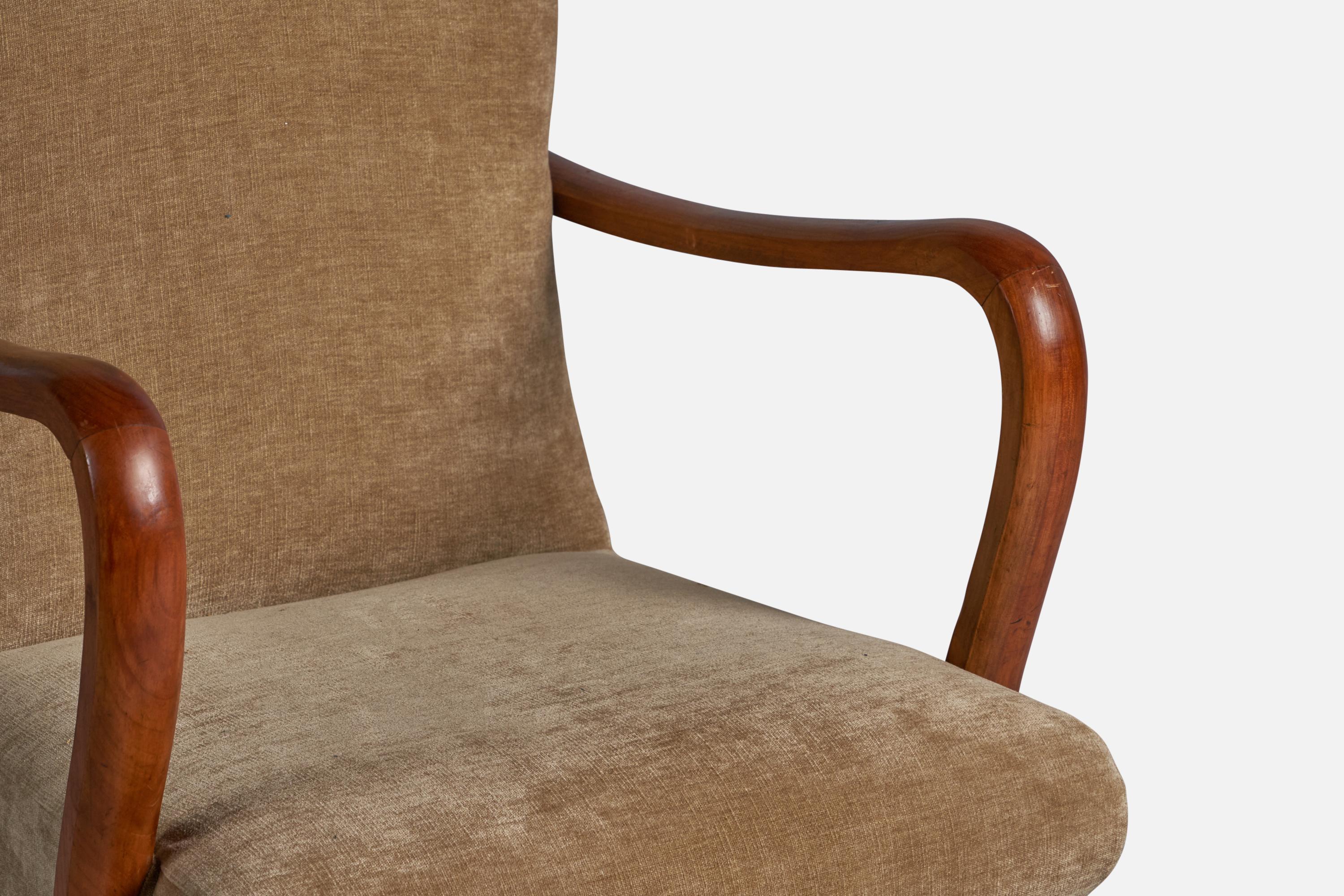 Italian Designer, Lounge Chairs, Oak, Velvet, Italy, 1940s For Sale 2
