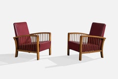 Italian Designer, Lounge Chairs, Oak, Vinyl, Italy, 1940s