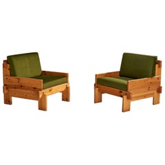 Designer italien, fauteuils de salon, pin, velours, Italie, années 1970
