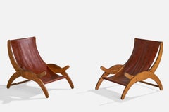 Italian Designer, Lounge Chairs, Plywood, Leather, Italy, 1950s