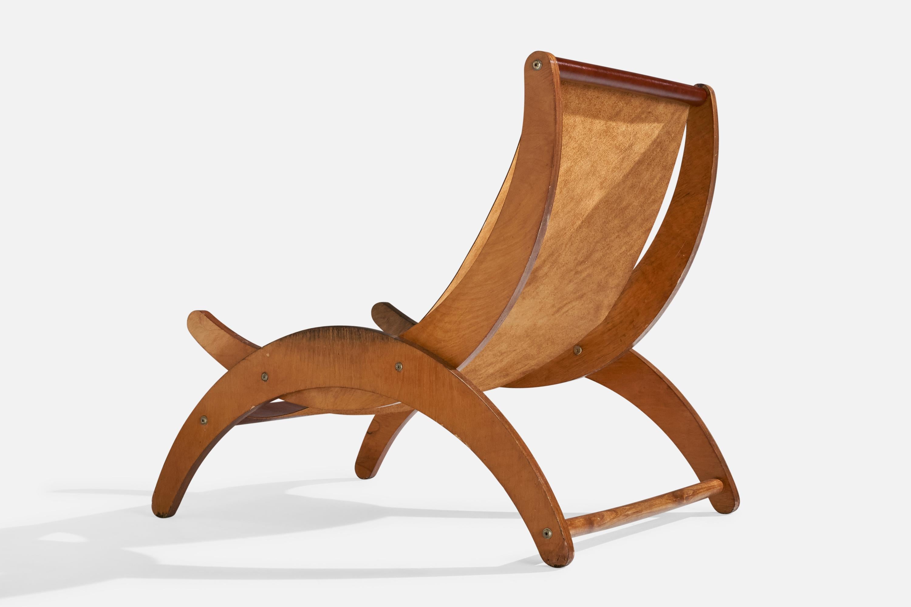 Diseñador italiano, sillas de salón, madera contrachapada, cuero, Italia, años 50 en Bueno estado para la venta en High Point, NC