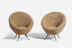 Italian Designer, Lounge Chairs, Shearling, Brass, Italy, 1950s