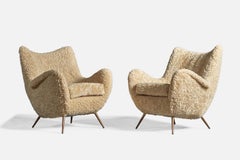 Italian Designer, Lounge Chairs, Shearling, Brass, Italy, 1950s