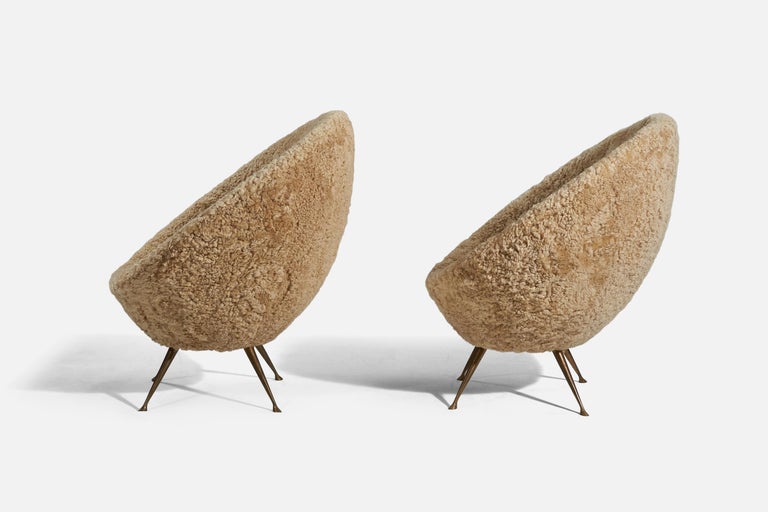 Mid-Century Modern Italian Designer, Lounge Chairs, Shearling, Brass, Italy, 1950s For Sale