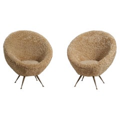 Used Italian Designer, Lounge Chairs, Shearling, Brass, Italy, 1950s