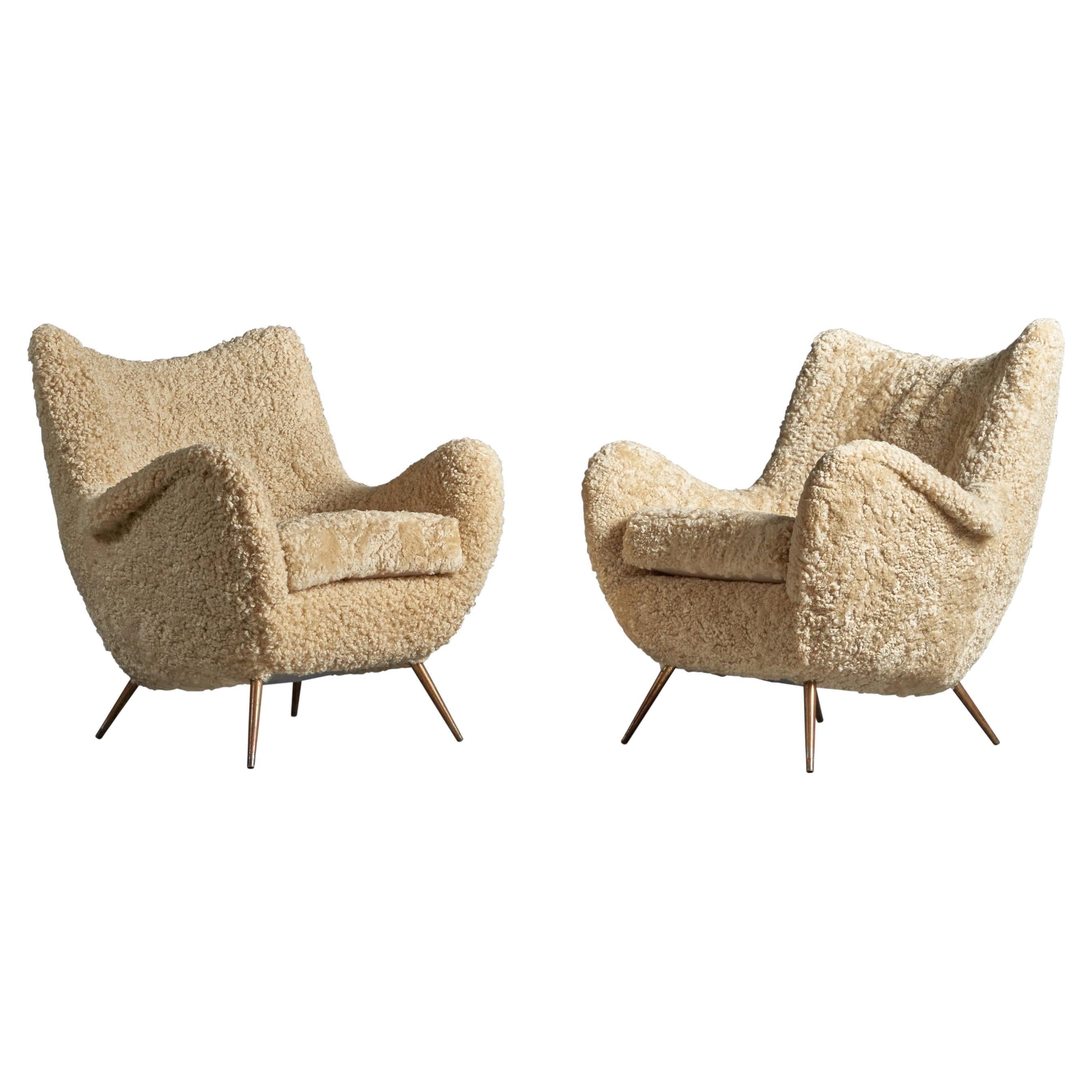 Italian Designer, Lounge Chairs, Shearling, Brass, Italy, 1950s For Sale