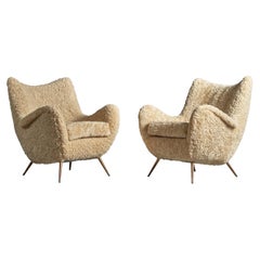 Italian Designer, Lounge Chairs, Shearling, Brass, Italy, 1950s