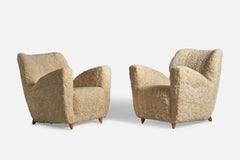 Italian Designer, Lounge Chairs, Shearling, Wood, Italy, 1940s
