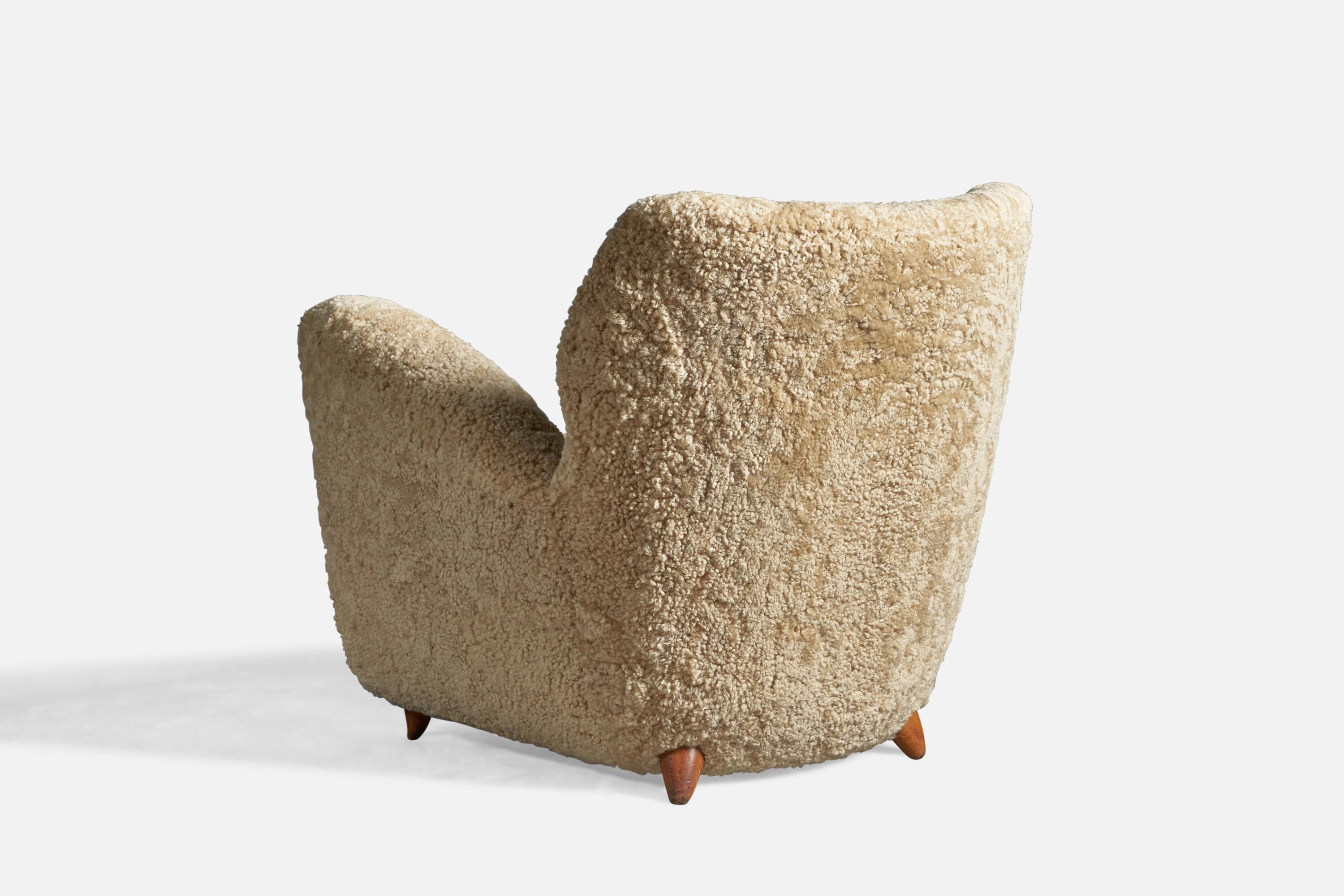 Mid-20th Century Italian Designer, Lounge Chairs, Shearling, Wood, Italy, 1940s For Sale