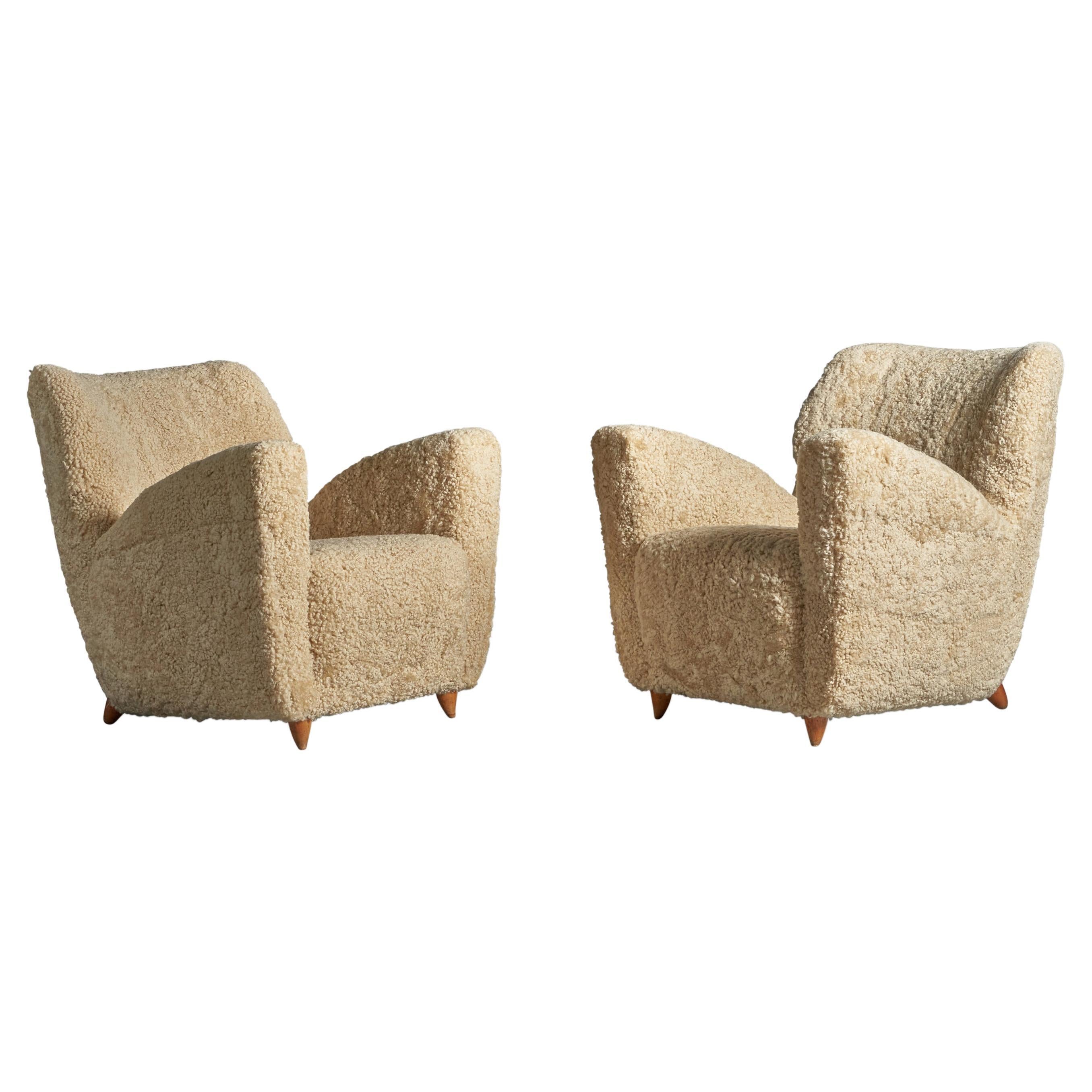 Italian Designer, Lounge Chairs, Shearling, Wood, Italy, 1940s For Sale