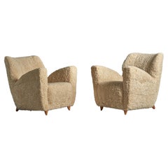 Vintage Italian Designer, Lounge Chairs, Shearling, Wood, Italy, 1940s