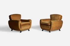 Italian Designer, Lounge Chairs, Velvet, Wood, Italy, 1930s