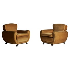 Italian Designer, Lounge Chairs, Velvet, Wood, Italy, 1930s