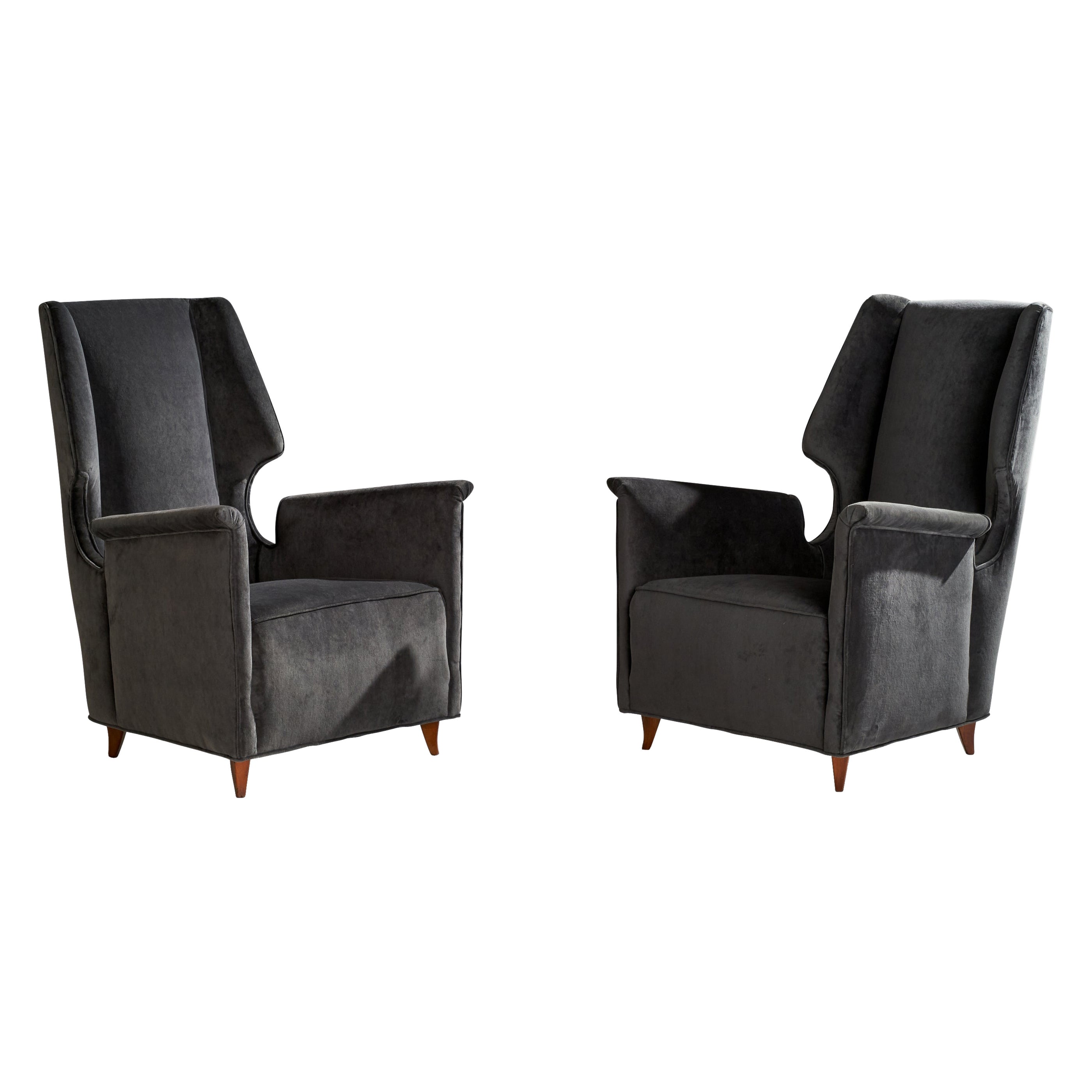 Designer italien, fauteuils de salon, velours, bois, Italie, années 1940