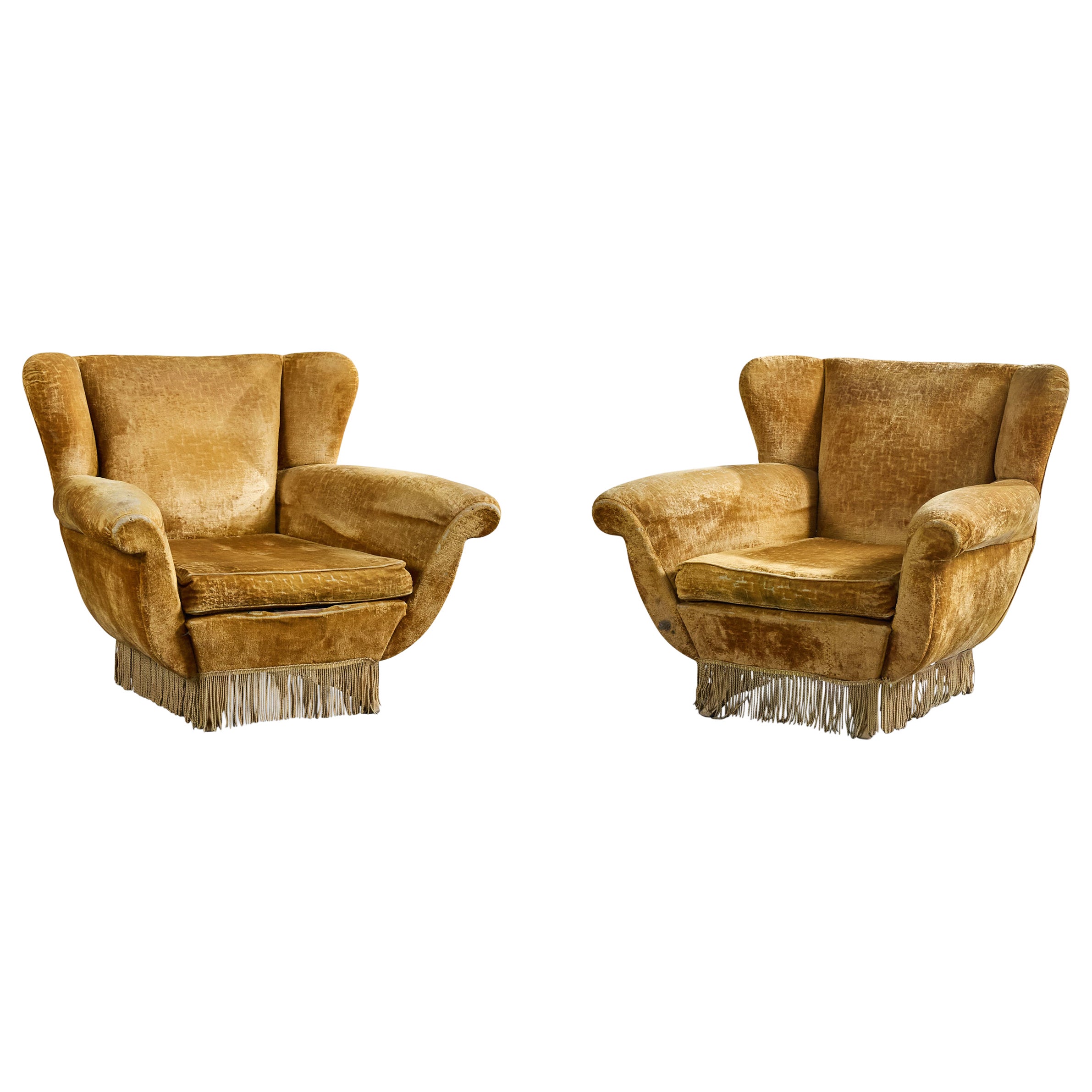 Italian Designer, Lounge Chairs, Velvet, Wood, Italy, 1940s For Sale