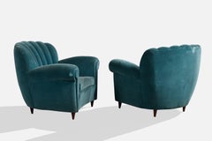 Italian Designer, Lounge Chairs, Velvet, Wood, Italy, 1950s