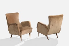 Designer italien, fauteuils de salon, velours, bois, Italie, années 1950