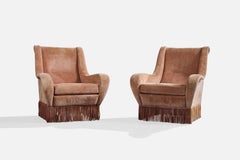 Italian Designer, Lounge Chairs, Velvet, Wood, Italy, 1950s