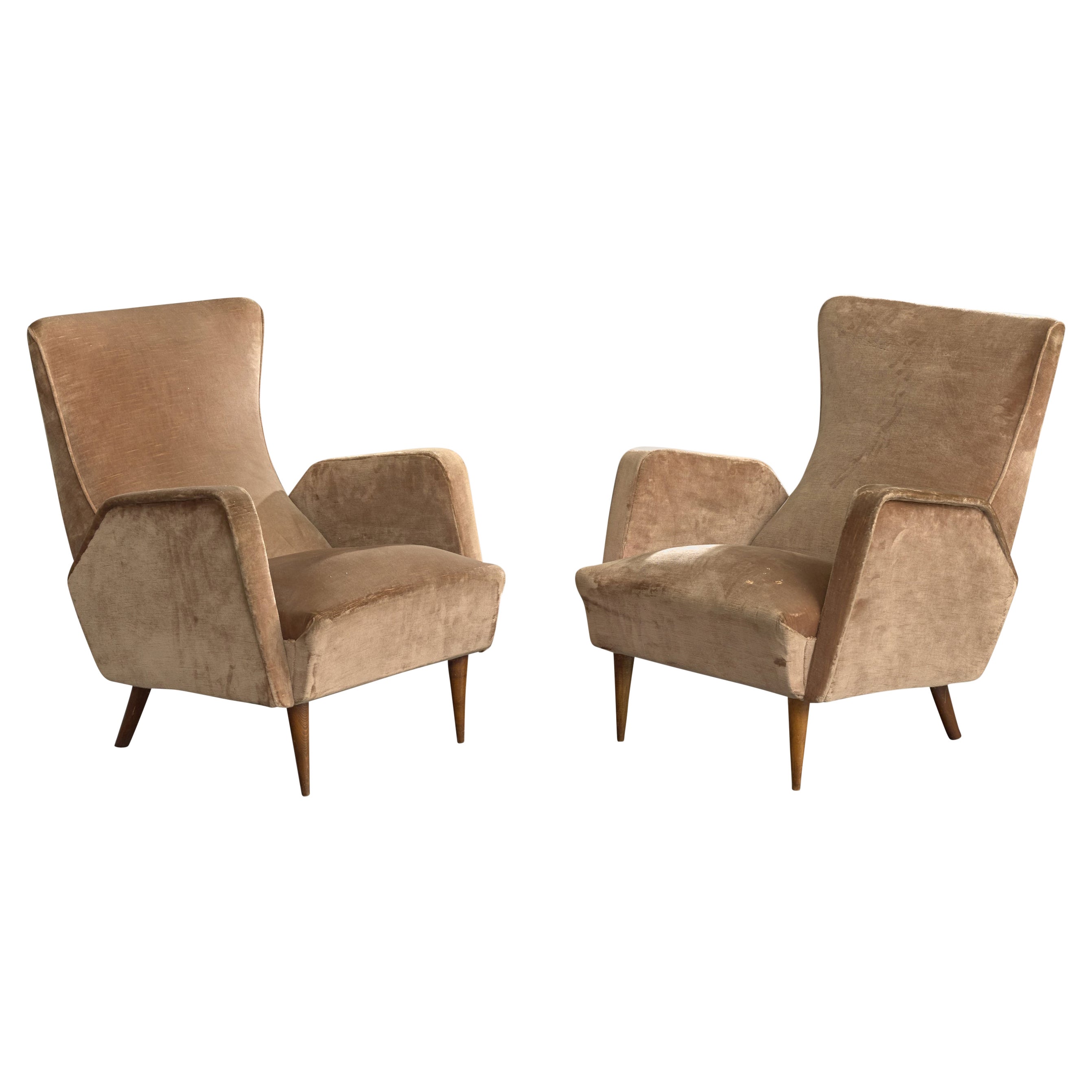 Italian Designer, Lounge Chairs, Velvet, Wood, Italy, 1950s