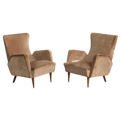 Italian Designer, Lounge Chairs, Velvet, Wood, Italy, 1950s