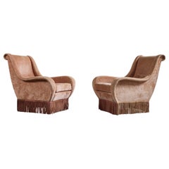 Italian Designer, Lounge Chairs, Velvet, Wood, Italy, 1950s