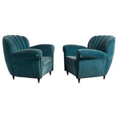 Italian Designer, Lounge Chairs, Velvet, Wood, Italy, 1950s