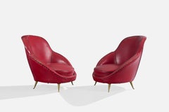 Designer italien, fauteuils de salon, vinyle, laiton, Italie, années 1950