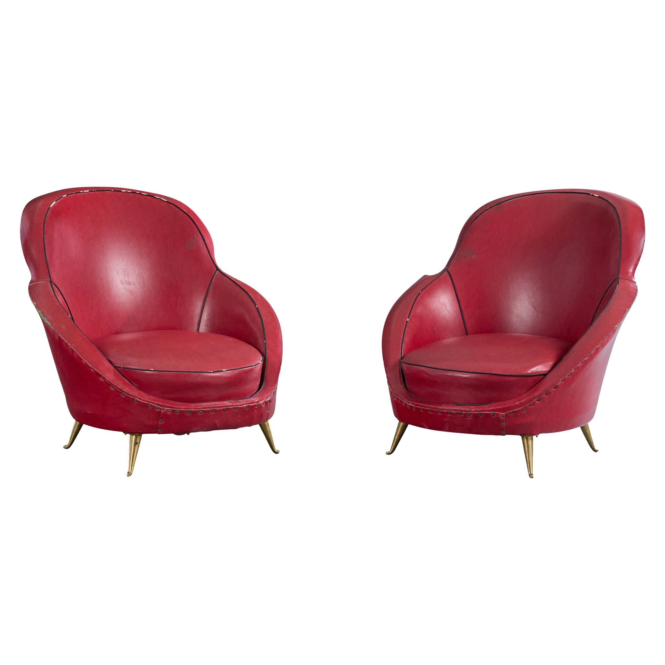 Italienischer Designer, Loungesessel, Vinyl, Messing, Italien, 1950er Jahre
