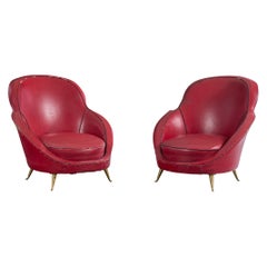 Designer italien, fauteuils de salon, vinyle, laiton, Italie, années 1950